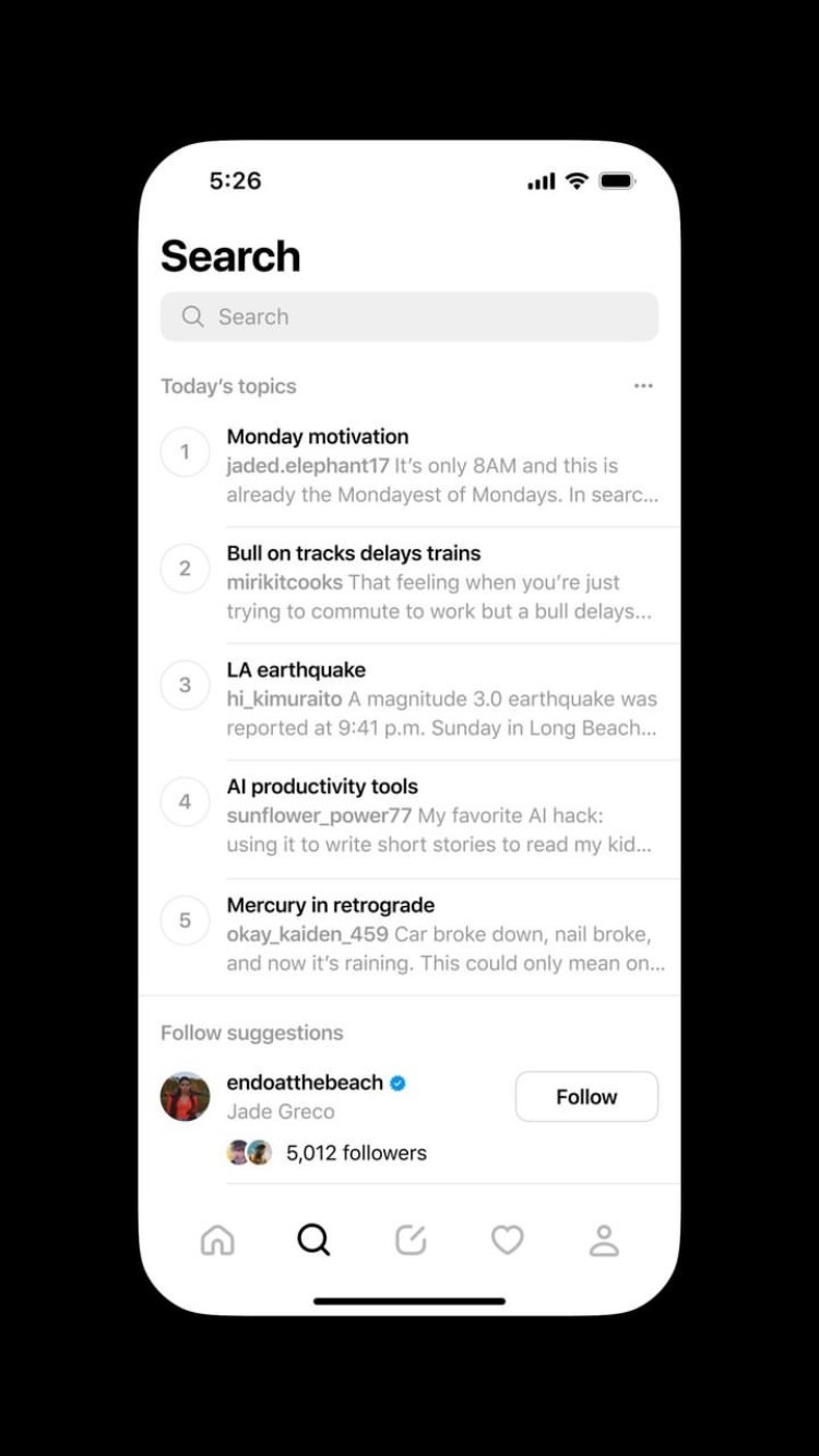 Bild zeigt die Suchfunktion von Threads an. Abgebildet ist ein neues Feature, das in der Suche auf Themen hinweist, die gerade auf Threads im Trend sind. 