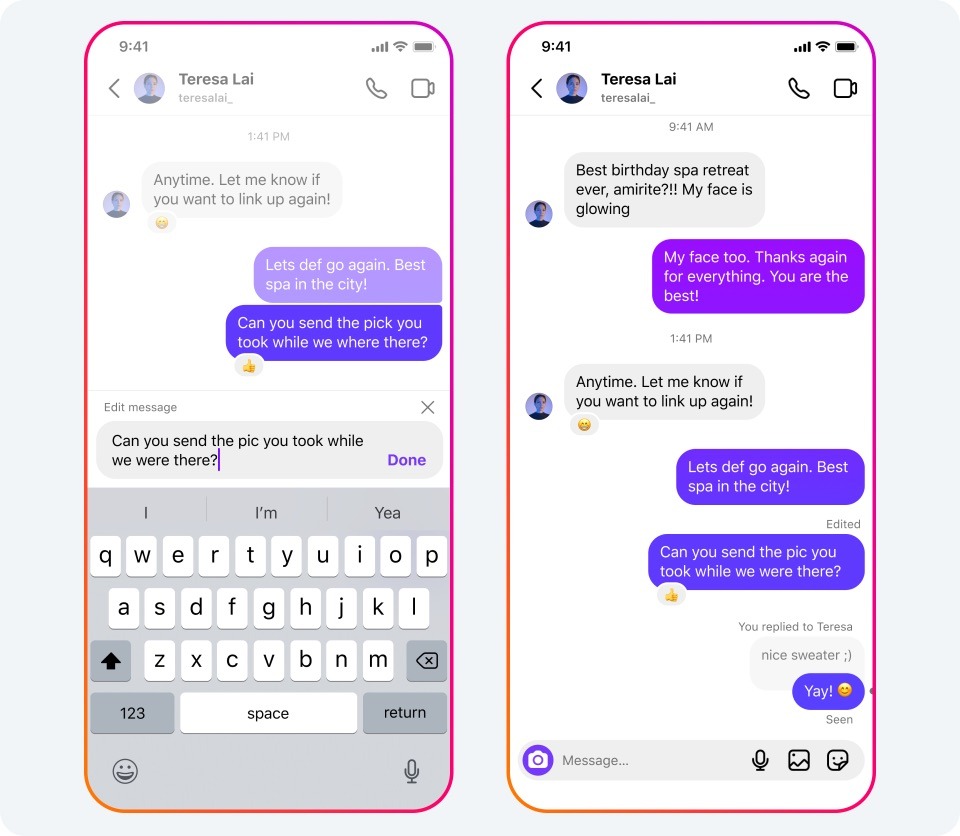 Bild zeigt die neue Edit-Funktion in den Instagram Direktnachrichten.