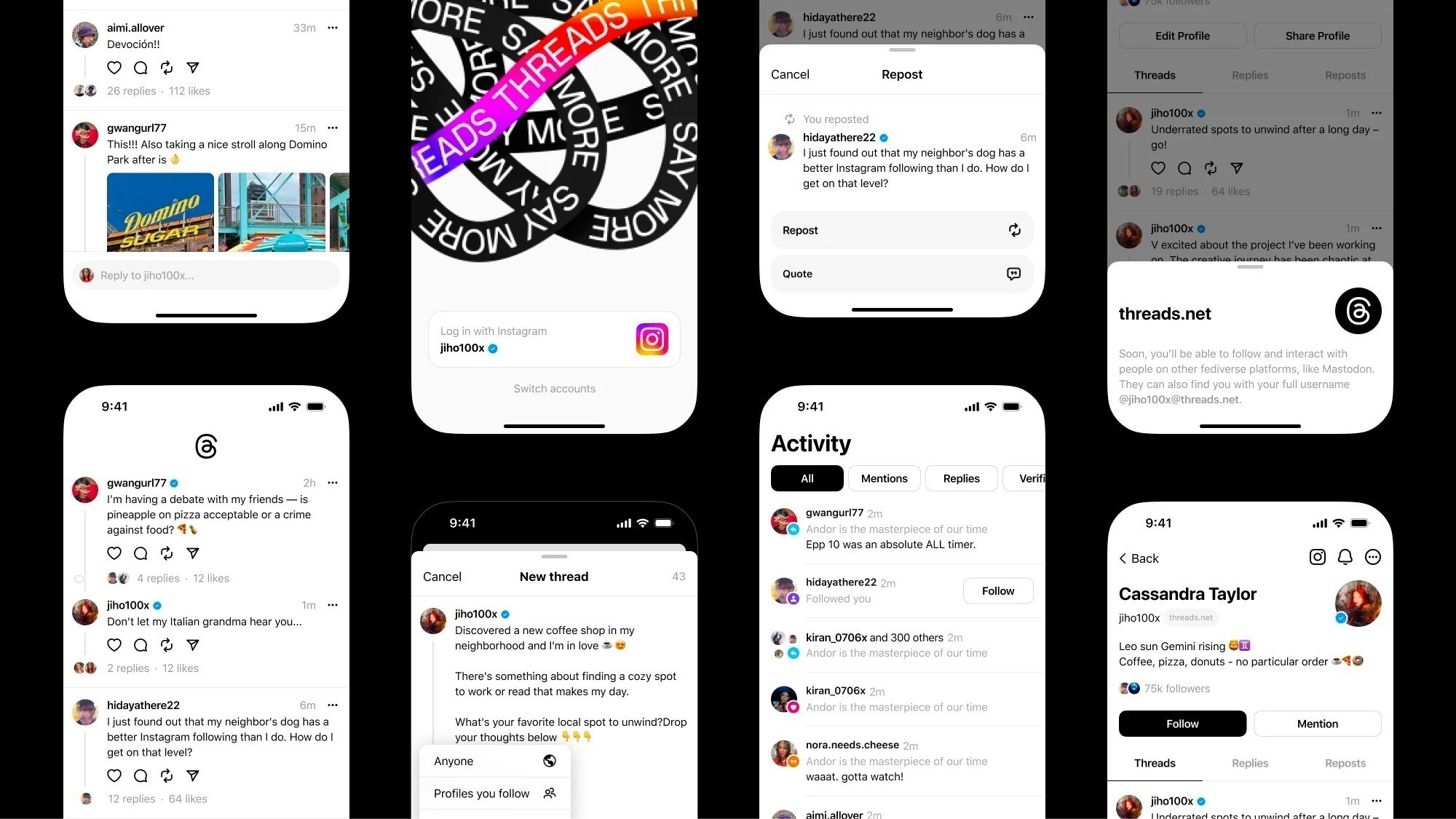 Bild zeigt eine Zusammenstellung an verschiedenen Funktionen und Layouts der Meta-Plattform Threads