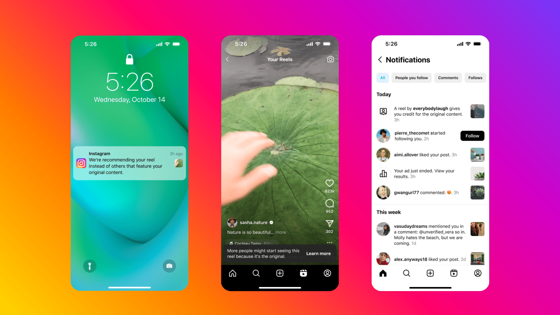 Bild zeigt einen Hinweis von Instagram. Dieser Hinweis informiert über einen originalen Beitrag und dessen Ersteller*in. Der Hinweis erscheint, wenn Accounts größtenteils und mehrfach ausschließlich fremden Content teilen. 