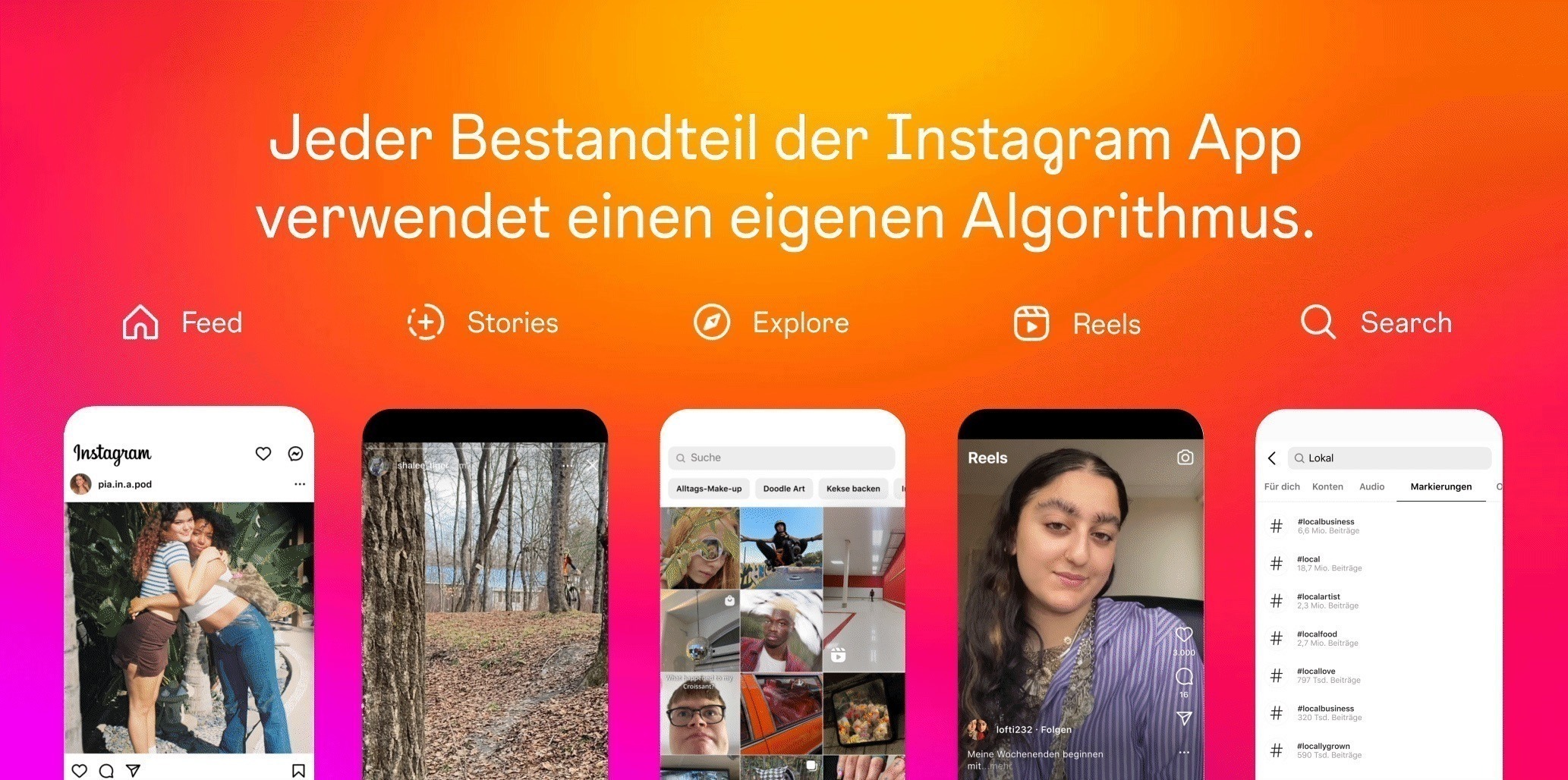 Bild zeigt ein paar der Faktoren, die bestimmen, wie hoch die Reichweite auf Instagram ist. Dazu nutzt die Instagram App verschiedene Faktoren, unter anderem für den Feed, Stories, Explores, Reels und die Suchfunktion. 