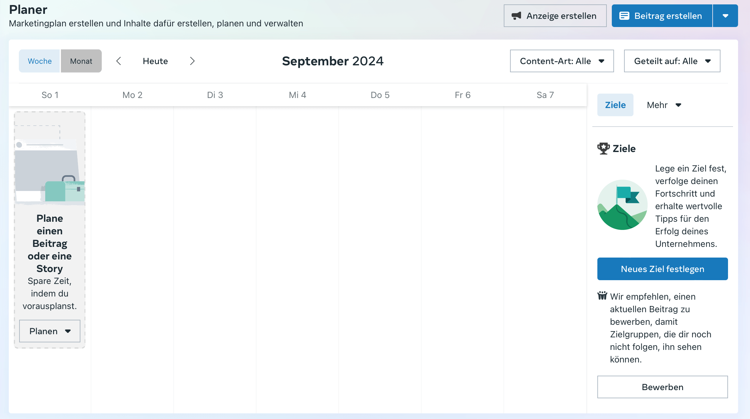 Bild zeigt den Content-Planner im Meta Business Manager. Neben der Planung der Inhalte, ist es auch sinnvoll zu planen, wie Rollen und Zugriffsrechte verteilt sind.
