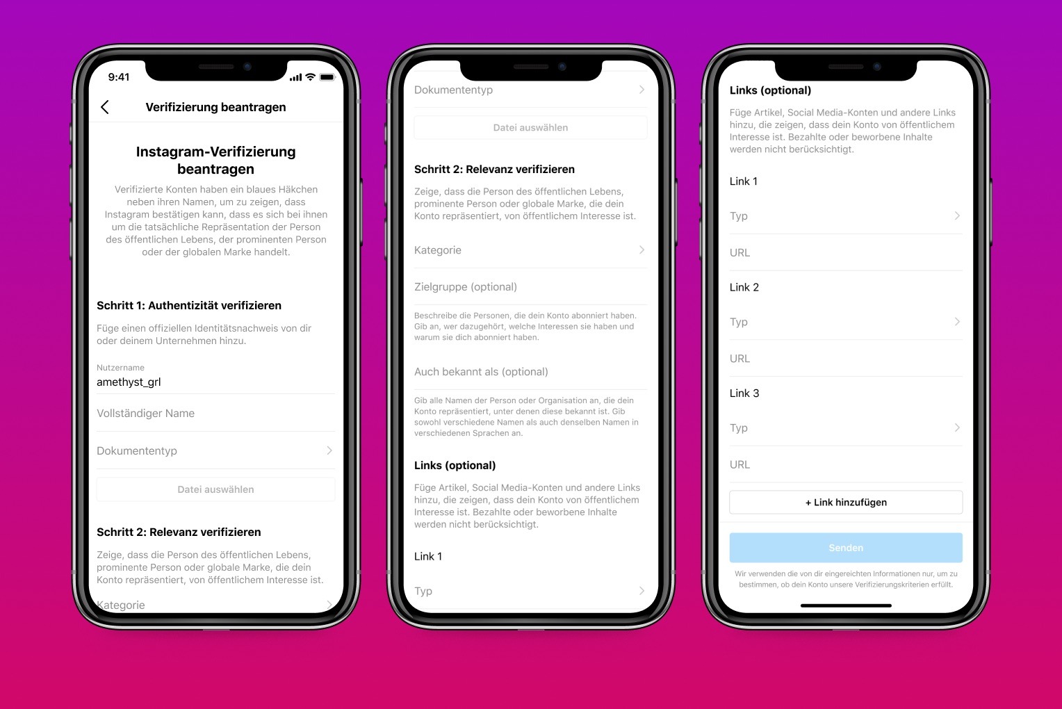 Ablauf in drei Schritten zum Erhalt der Verifizierung auf Instagram. Verifizierte Accounts beweisen, dass sie echt sind und tragen so zur mehr Sicherheit im Social Media Management bei.