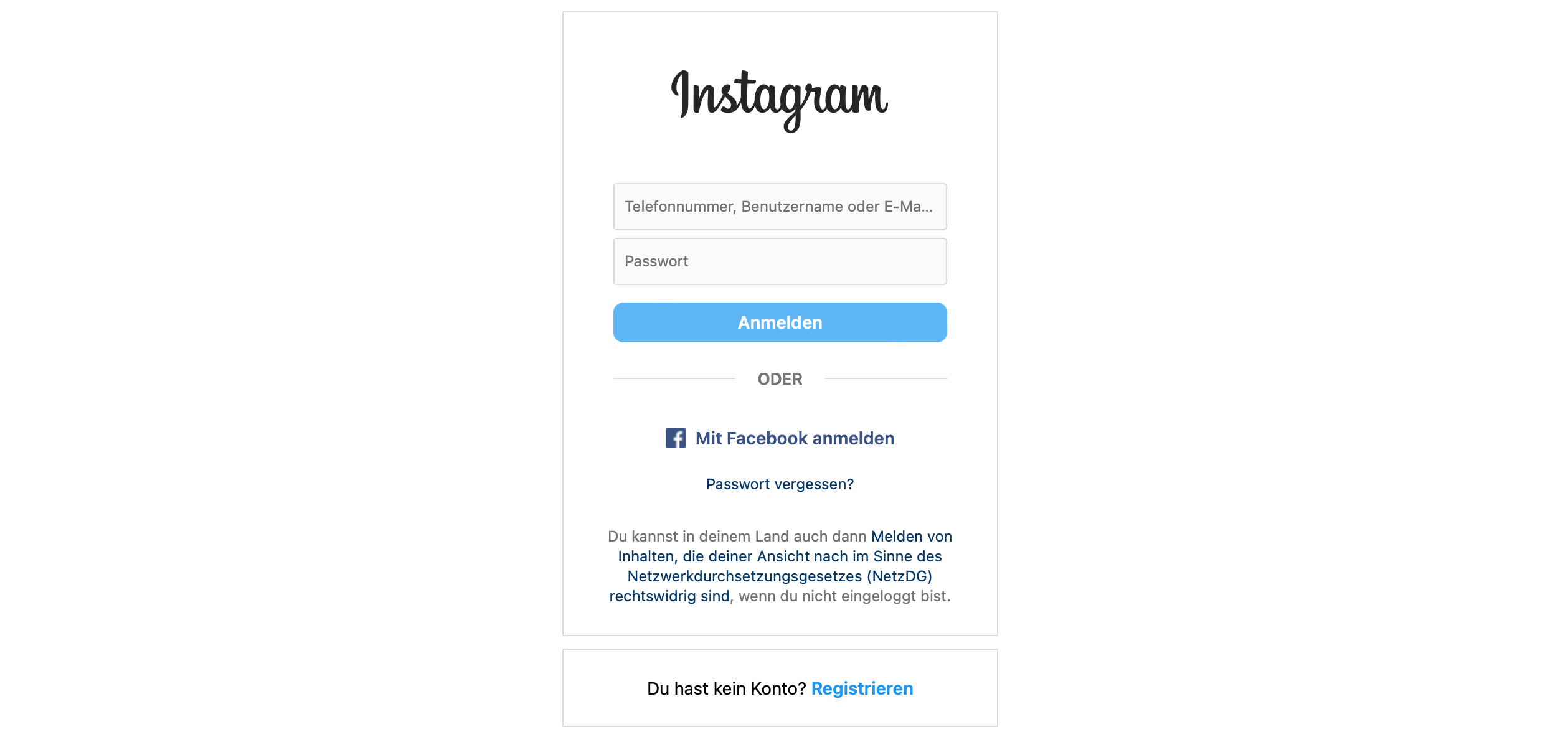 Bild zeigt den Instagram Login. Es ist für die Sicherheit im Social Media Management ratsam zu klären, wer Zugriff auf einen Account hat.