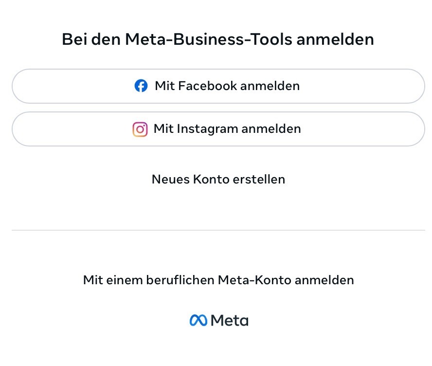 Der Zugang in den Meta Business Manager vor dem Login. Bei der Nutzung von Drittanbieter Tools sollte an dieser Stelle auf identische Passwörter verzichtet werden.