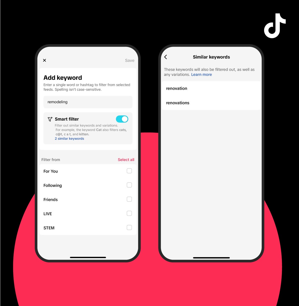 Die TikTok Einstellungen. Mit der Auswahl Stichwort hinzufügen lassen sich Filter setzen, welche Inhalte nicht mehr im Feed angezeigt werden sollen.