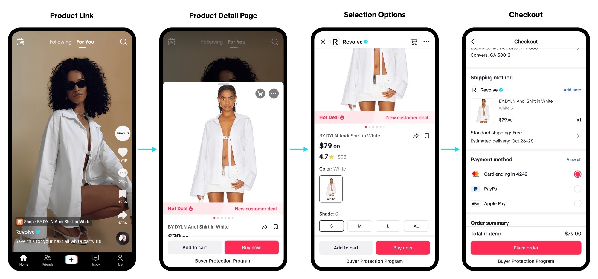 Die Customer Journey im TikTok Shop. Auf einen Produktlink folgt die Produktseite. Dort besteht die Möglichkeiten aus verschiedenen Optionen wählen zu können (wie Größe bei Kleidungsstücken) und abschließend Checkout und Bezahlung.