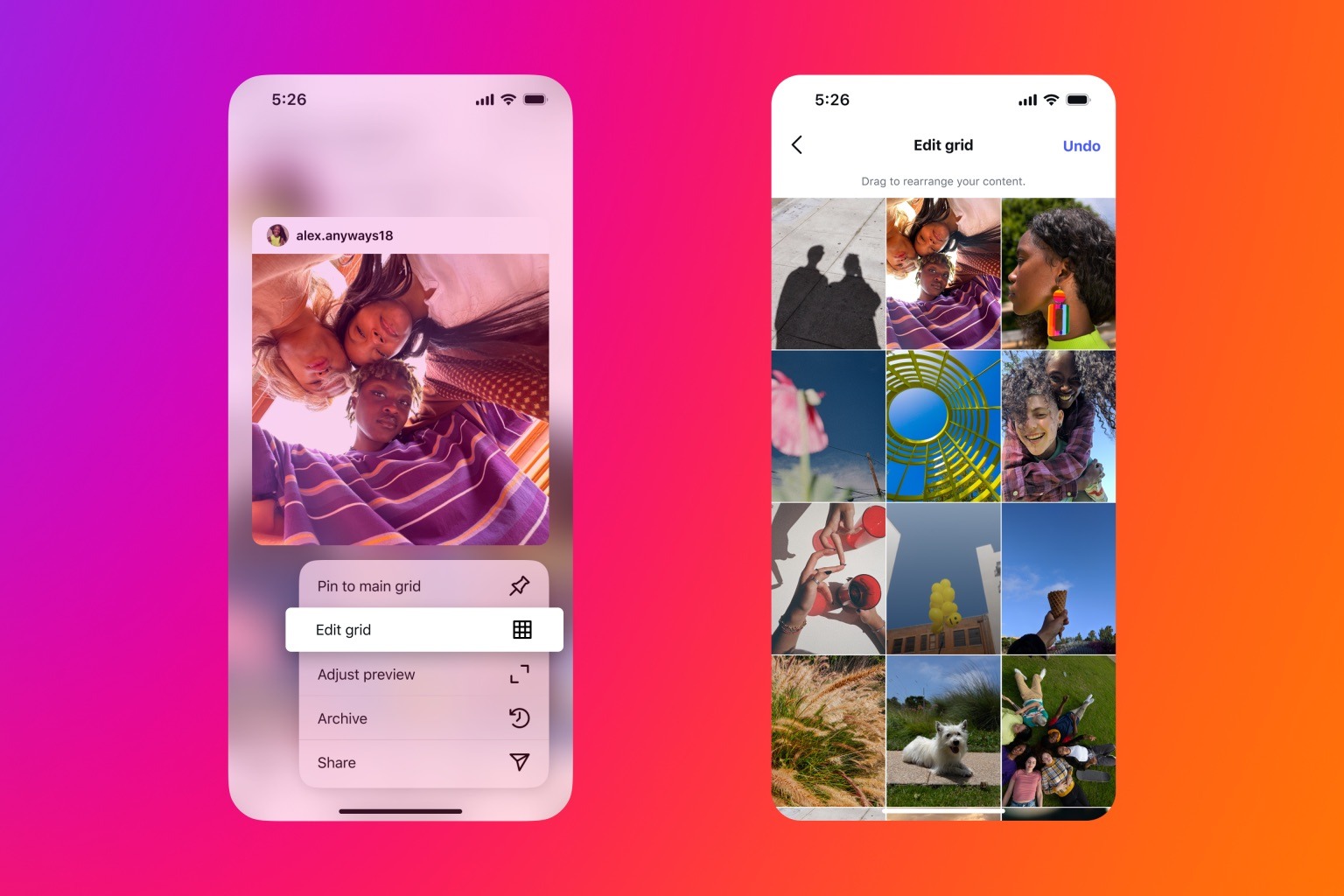 Die beiden Möglichkeiten für die Neuordnung der Beiträge im eigenen Profil. Entweder per Drag-and-Drop mit einem gedrückten Finger auf den entsprechenden Beitrag oder über die Auswahl Edit Grid im Bereich Profil bearbeiten.