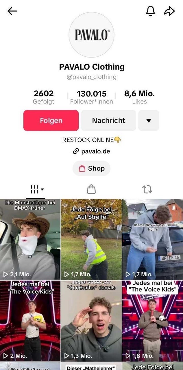 Der TikTok Feed von Pavalo Clothing als Beispiel für zielgruppenorientierten Content.