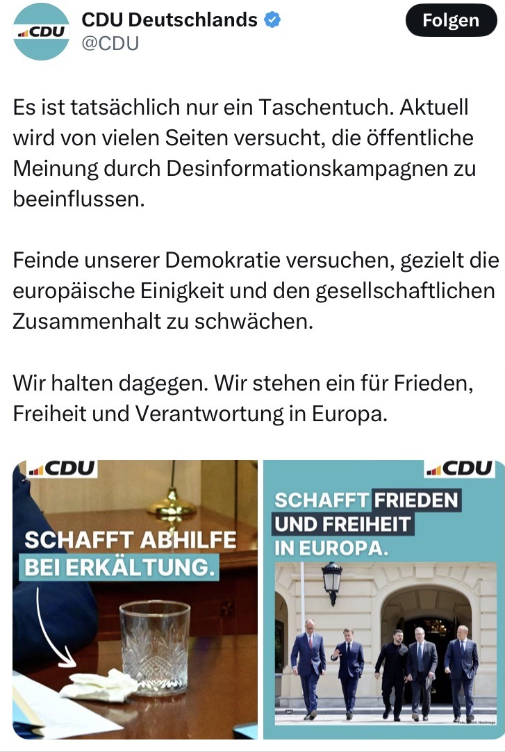 Screenshots zeigt den Beitrag und die Reaktion der CDU Deutschlands auf der Plattform X auf die Falschmeldungen bezüglich des verdächtigten Taschentuchs.Storytelling