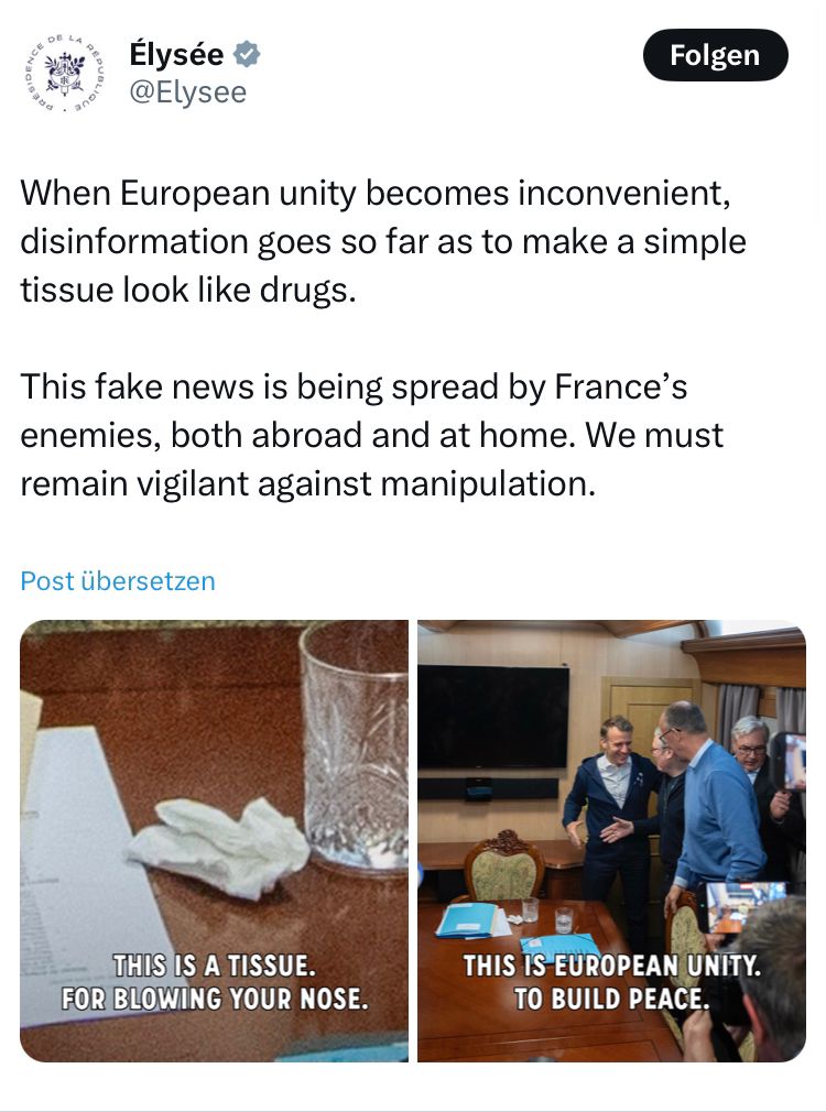 Screenshot von einem Beitrag des Élysee-Palast auf der Plattform X. Antwort auf Fake News, dass ein Taschentuch nur ein harmloses Taschentuch ist.Storytelling