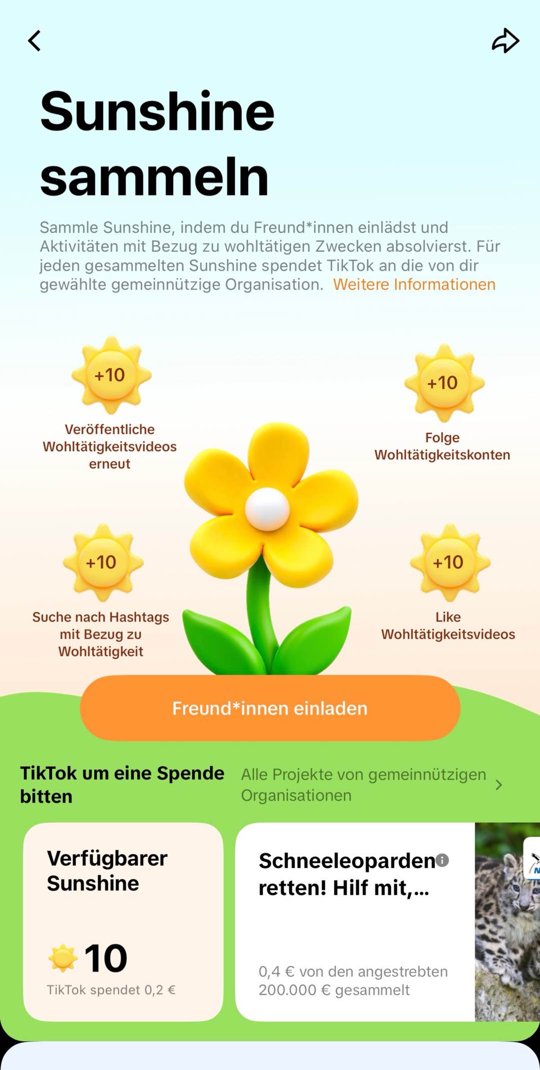 Die Funktionsweise des Sunshine Programms. Verschiedene Aktionen wie das Teilen oder Veröffentlichen von Inhalten, Accounts folgen oder Freunde einladen erhöhen das Sunshine Punktekonto. Diese Sunshines genannten Punkte können für Geld eingelöst werden, dieses Geld wiederum spendet TikTok an gemeinnützige und wohltätige Organisationen.
