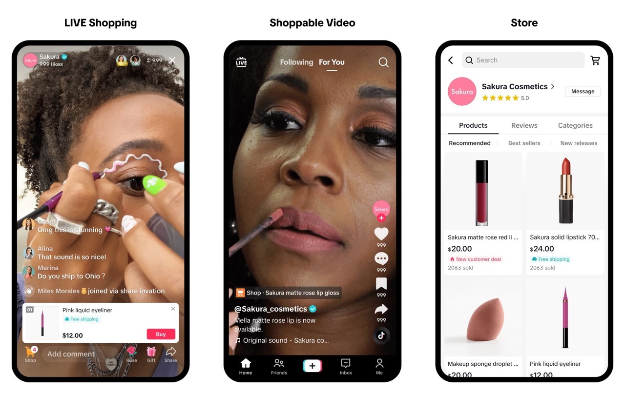 Die drei Features zur Einbindung des TikTok Shops auf der Plattform. In Live-Streams, in TikTok Videos und als Store Seite auf dem Channel.
