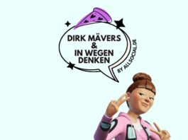 Illustration mit Sprechblase und dem Text 'Dirk Mävers & In Wegen denken – by allsocial.de'. Daneben eine animierte Figur mit Peace-Zeichen. Podcast-Grafik zur Folge über KI und Prozessoptimierung.