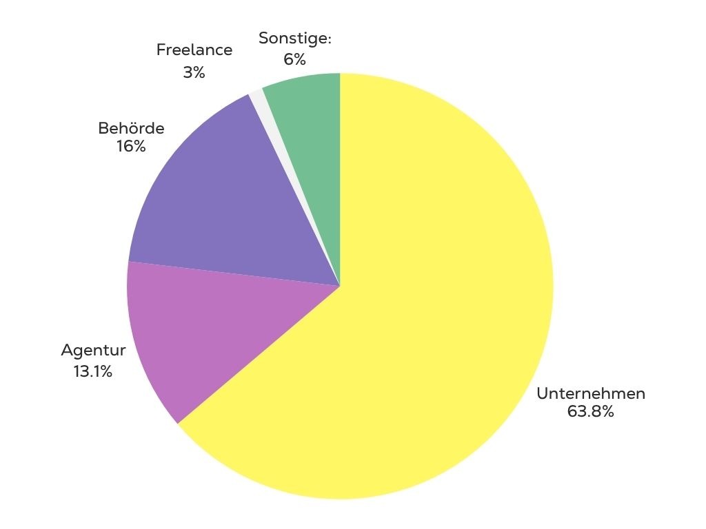 Art der Organisationen, in denen die befragten Social Media Manager arbeiten. 63,8 Prozent arbeiten in Unternehmen, 16 Prozent in Behörden, 13,1 Prozent in Agenturen, 6 Prozent in Sonstigen und 3 Prozent arbeiten als Freelancer.