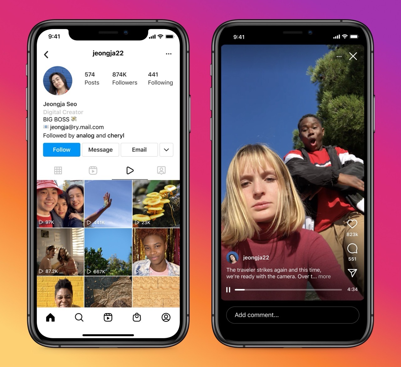 Die Platzierung von Videos auf Instagram im Feed und im Profil Channel.