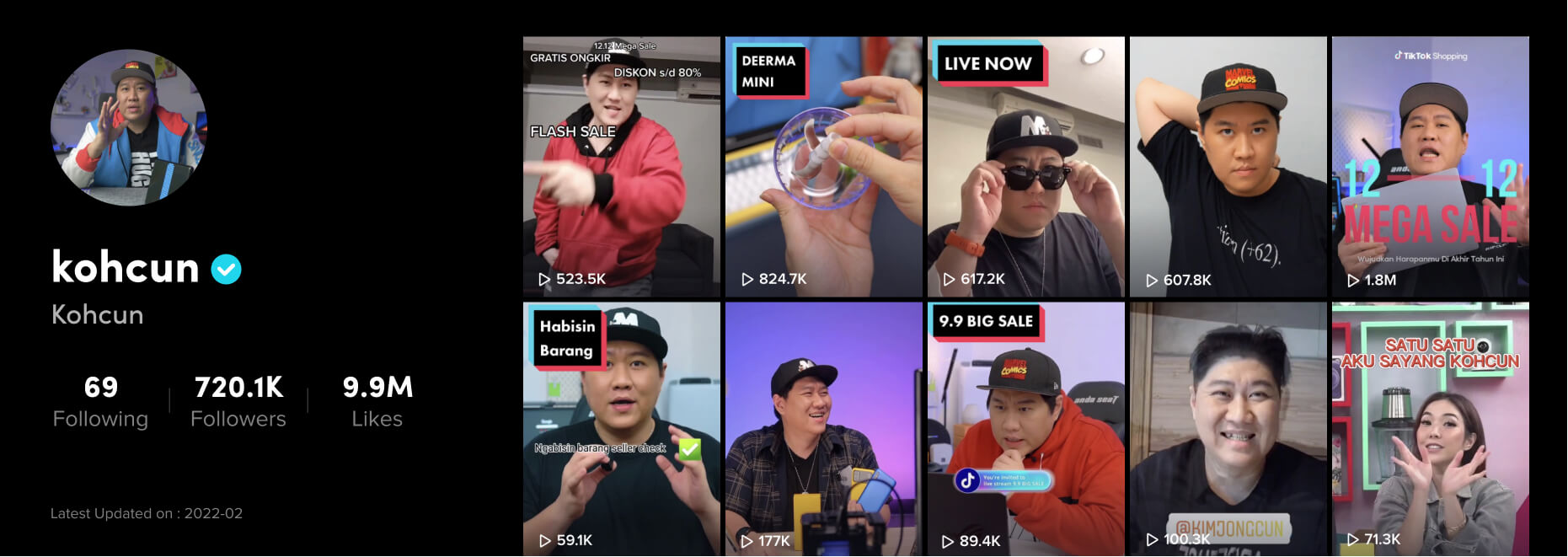 TikTok Shop Creator Kohcun. Beispiele von Content, bei denen er die TikTok Shop Features nutzt, wie Einbindung von Shopping Möglichkeiten in Live-Streams.