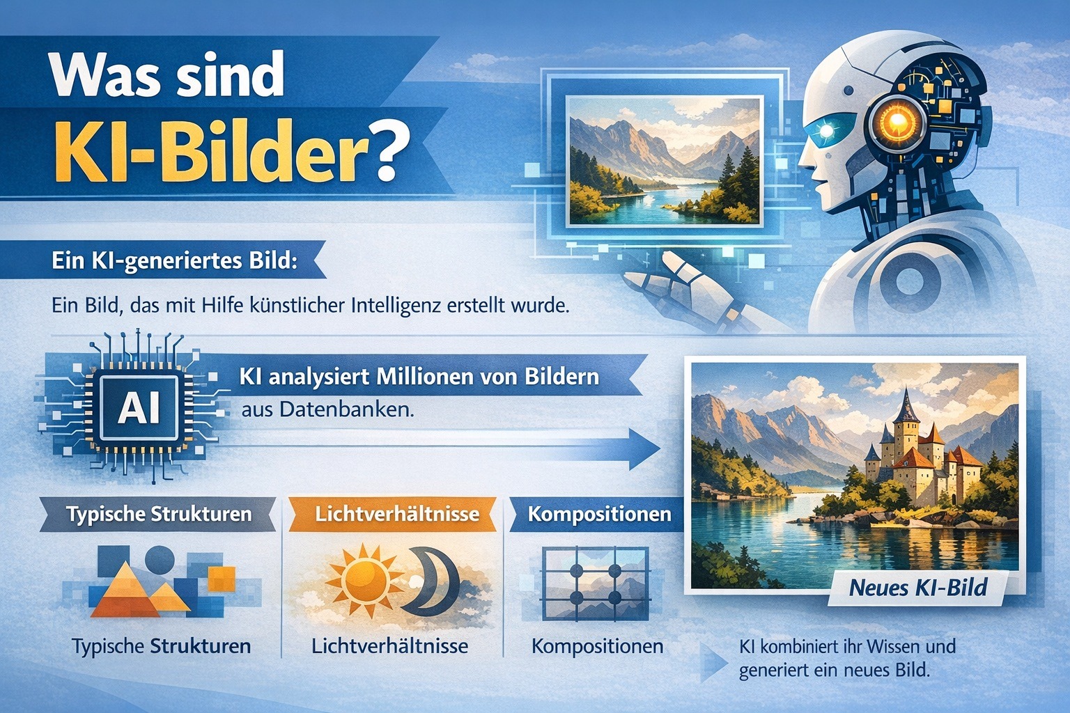 Hinweise was KI-Bilder sind. Merkmale sind neben der Erstellung mit Hilfe einer KI, die Millionen von Bildern aus ihren Datenbanken analysiert auch typische Strukturen und Kompositionen.