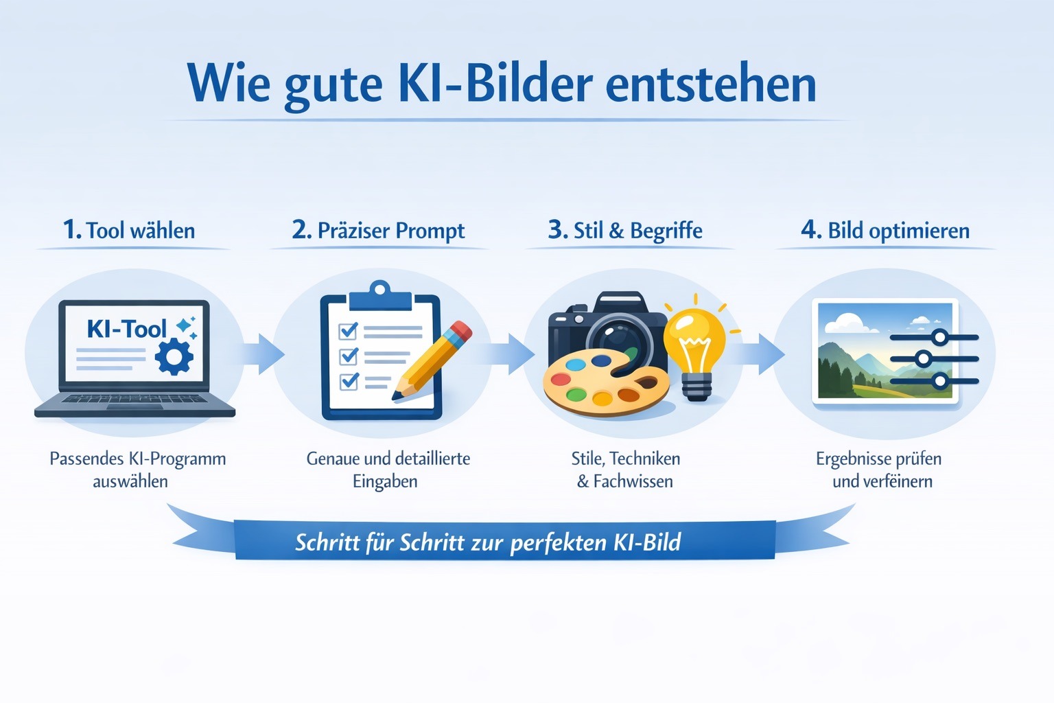 Vier Schritte zum KI-Bild. Erst passendes KI-Programm auswählen. Dann genaue und detaillierte Eingaben vornehmen. Hier sind vor allem Stile, Techniken und das Fachwissen der Anwender entscheidend. Abschließend das Bild prüfen und bei Bedarf verfeinern und anpassen.