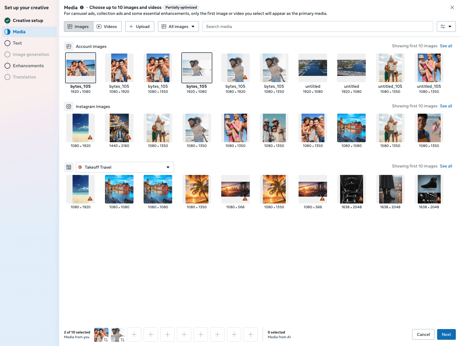 Die Auswahl der Medieninhalte für eine Anzeige im Meta Ads Manager. Möglich sind biz zu 10 Bilder und Videos pro Anzeige.