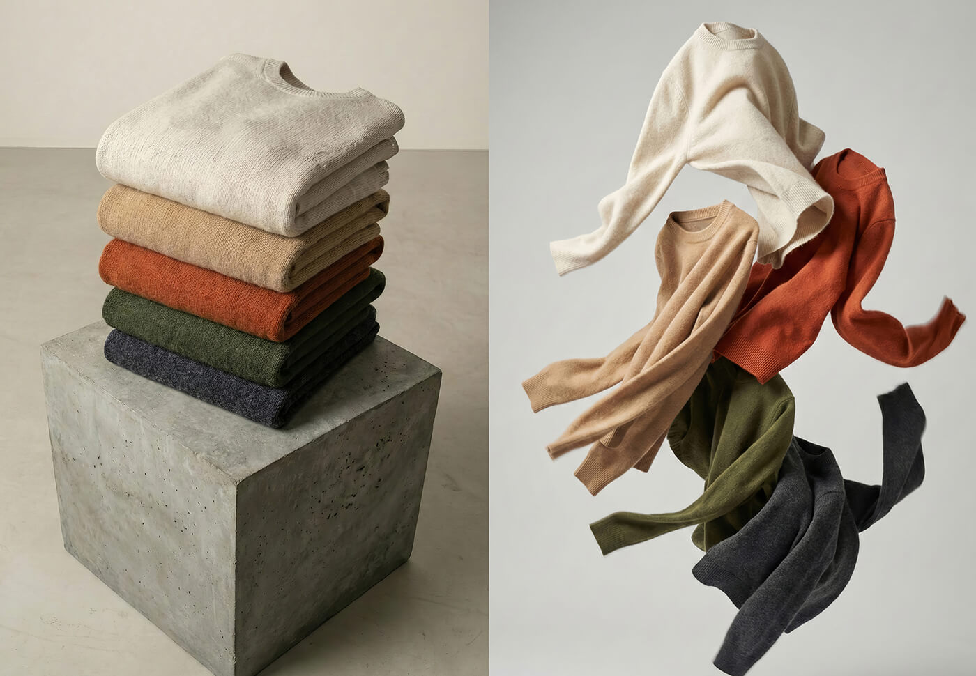 KI Bilder lassen sich jederzeit per Prompt ändern. Links abgebildet ist ein Stapel Pullover. Rechts daneben die selben Pullover, wie sie durch die  Luft fliegen.