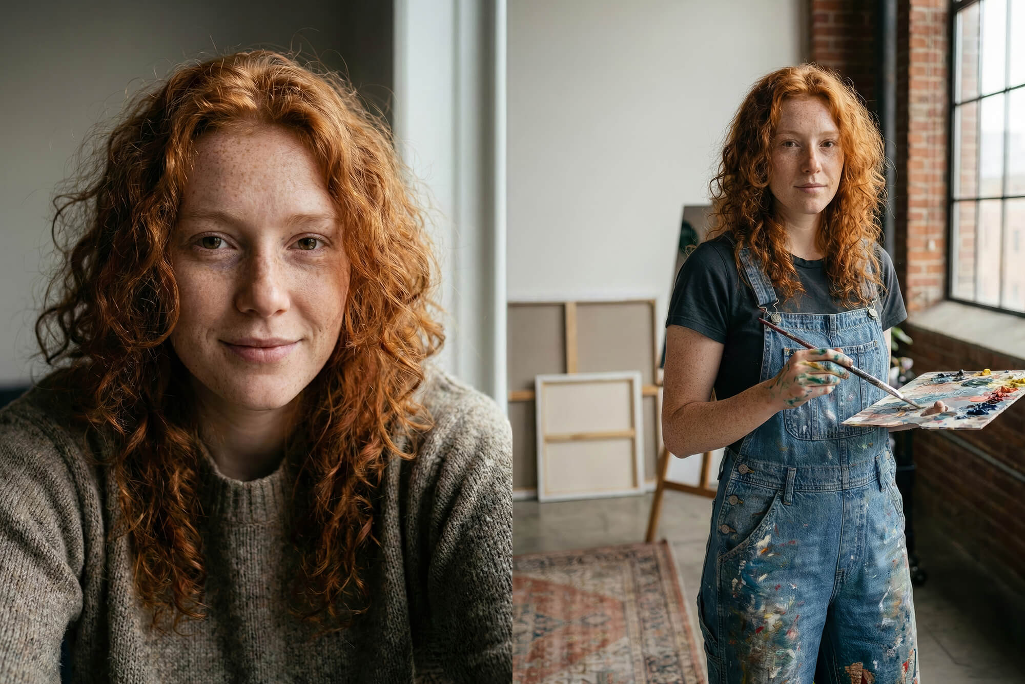 Beispiel für KI als Alternative zu einem echten Fotoshooting. Eine KI-generierte rothaarige junge Frau als Poträtaufnahme und die selbe Frau als Malerin in ihrem Atelier.