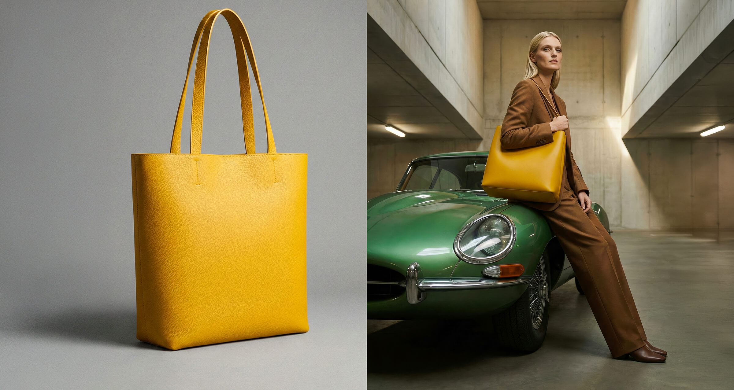 Mittels KI generiertes Produktfoto einer Handtasche. Zunächst eine einzelne gelbe Handtasche. Nach einem weiteren Prompt trägt eine Frau dieselbe Handtasche unter dem Arm und lehnt sich gegen ein Oldtimer-Auto, das in einem Parkhaus steht.