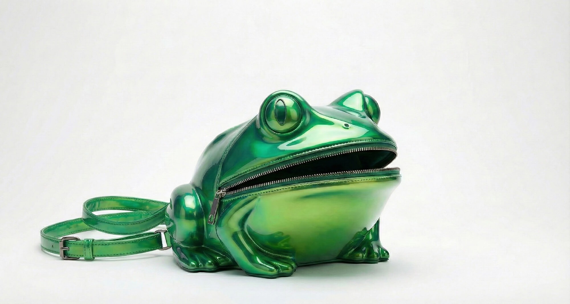 KI-generiertes Produktfoto einer grünen Handtasche in Form eines Frosches.