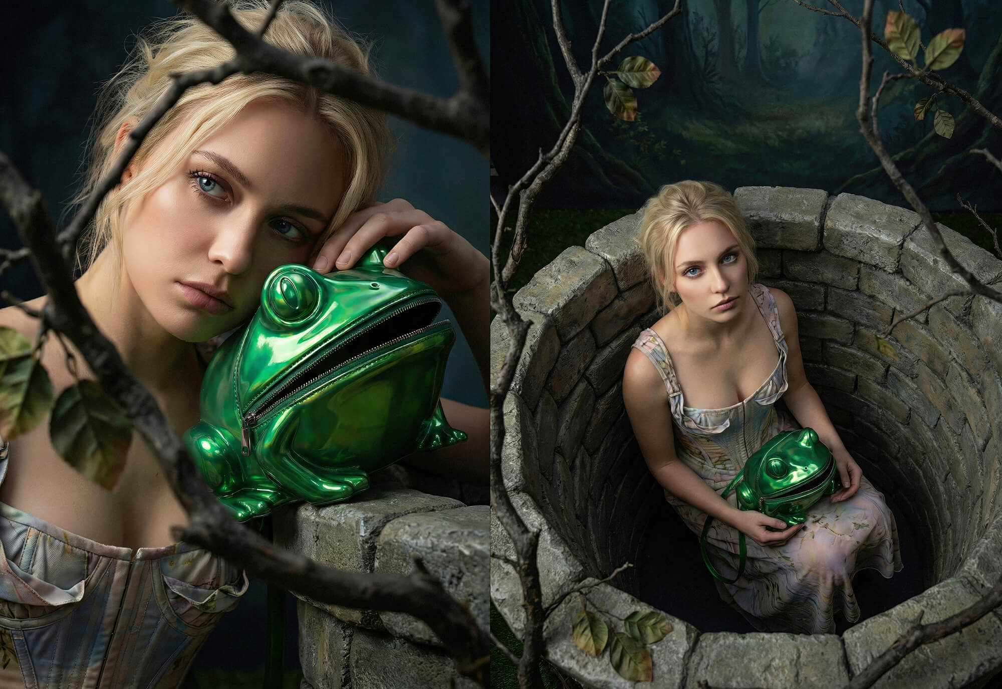 Zwei KI-generierte Produktfotos. Abgebildet ist die grüne Froschhandtasche mit einem KI-generierten Model. Das Model ist dargestellt wie eine Märchen-Prinzessin mit einem Sommerkleid und trägt die Handtasche in einem Wald im ersten Bild und im zweiten Bild sitzt das Model in einem verlassenen Brunnen, der von Zweigen umgeben ist, und hält die Froschhandtasche auf ihrem Schoß.
