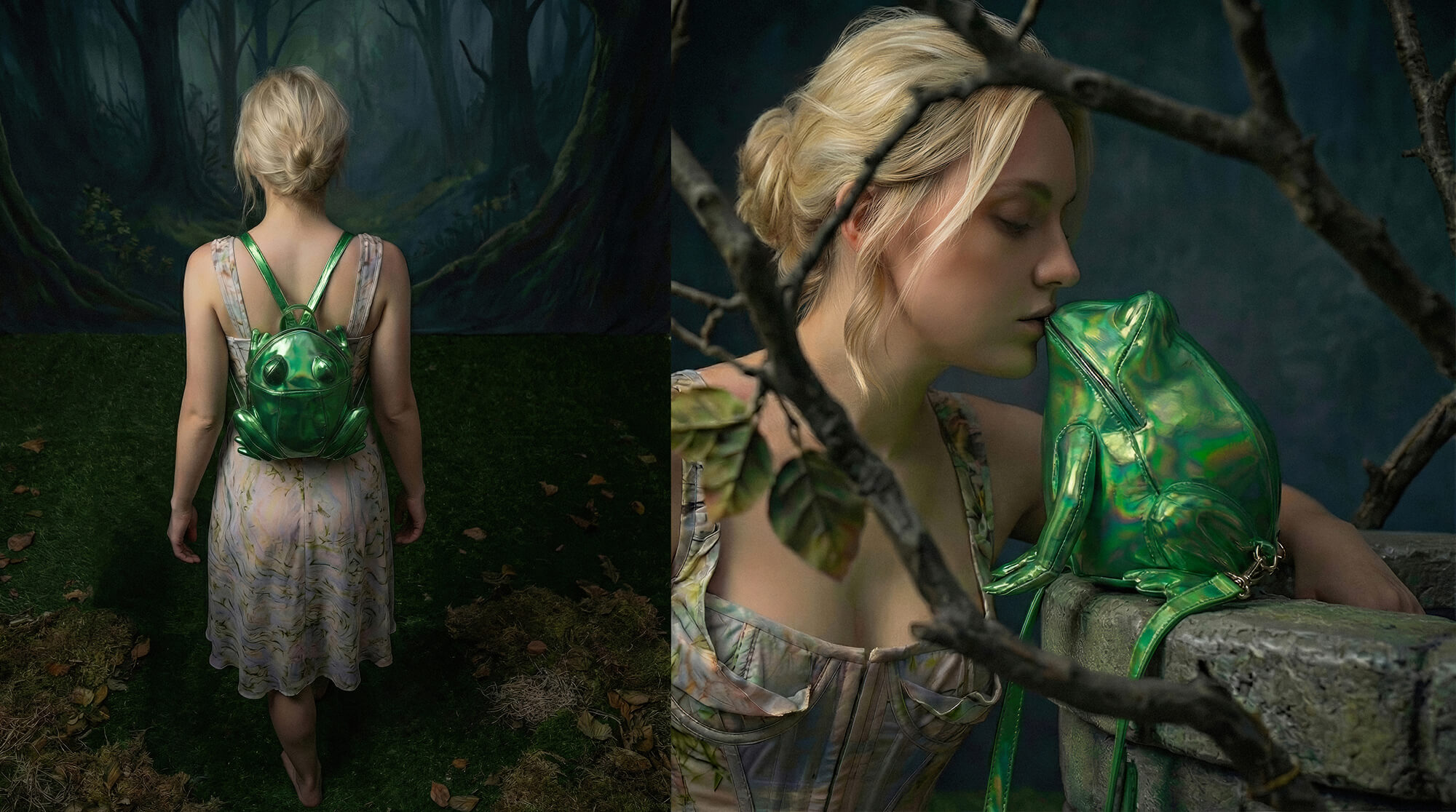 Zwei KI-generierte Produktfotos mit einem KI-generierten Model, das dargestellt wie eine Märchen-Prinzessin mit einem Sommerkleid. Im ersten Bild ist sie von hinten abgebildet und trägt eine grüne Froschhandtasche auf ihrem Rücken und läuft durch einen dunklen Wald. Im zweiten Bald ist dasselbe Model abgebildet, wie es die grüne Froschhandtasche küsst. Die Froschhandtasche steht am Rande eines Brunnens und ist umgeben von Zweigen und befindet sich in einem dunklen Wald.