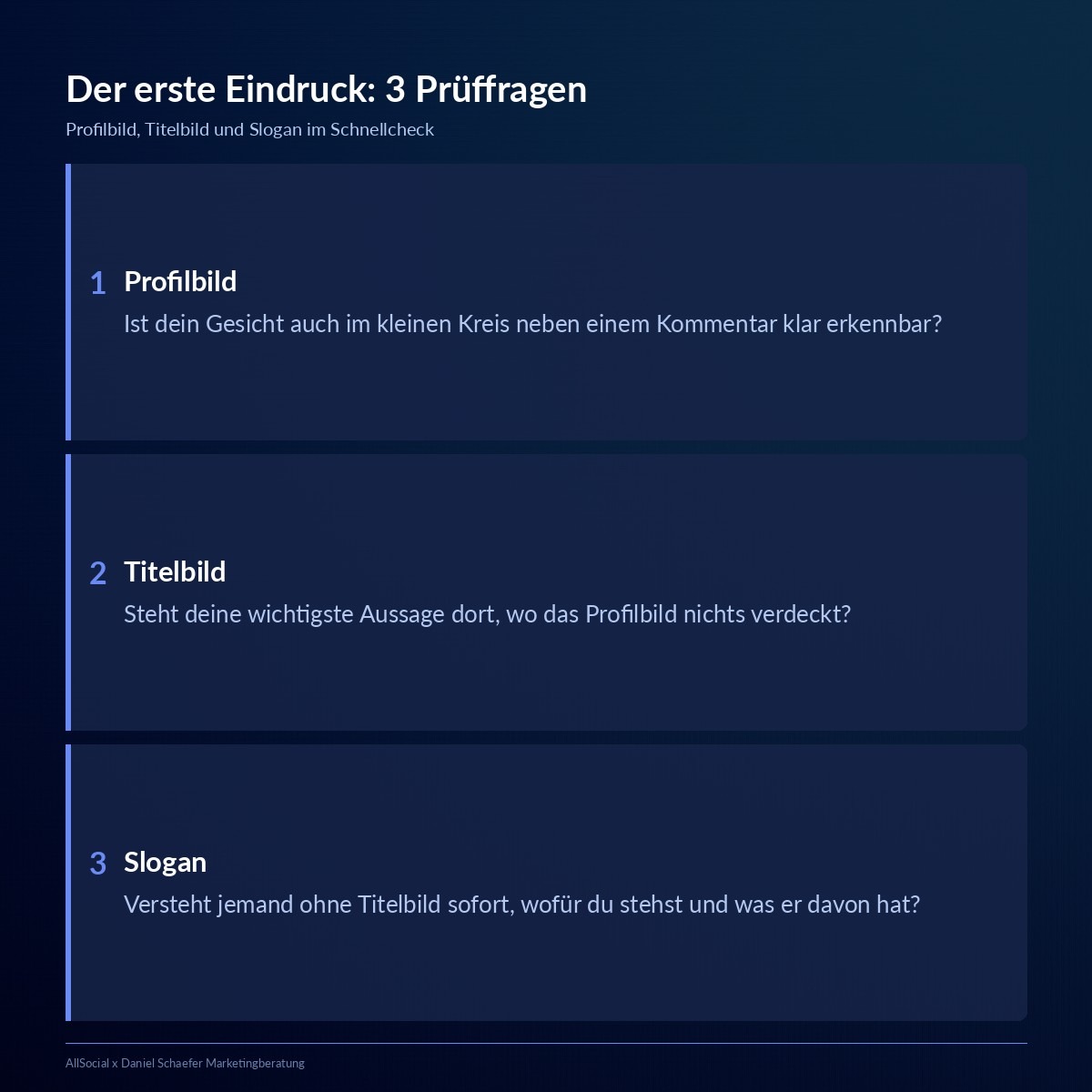 LinkedIn-Profil-Check: drei Prüffragen zu Profilbild, Titelbild und Slogan